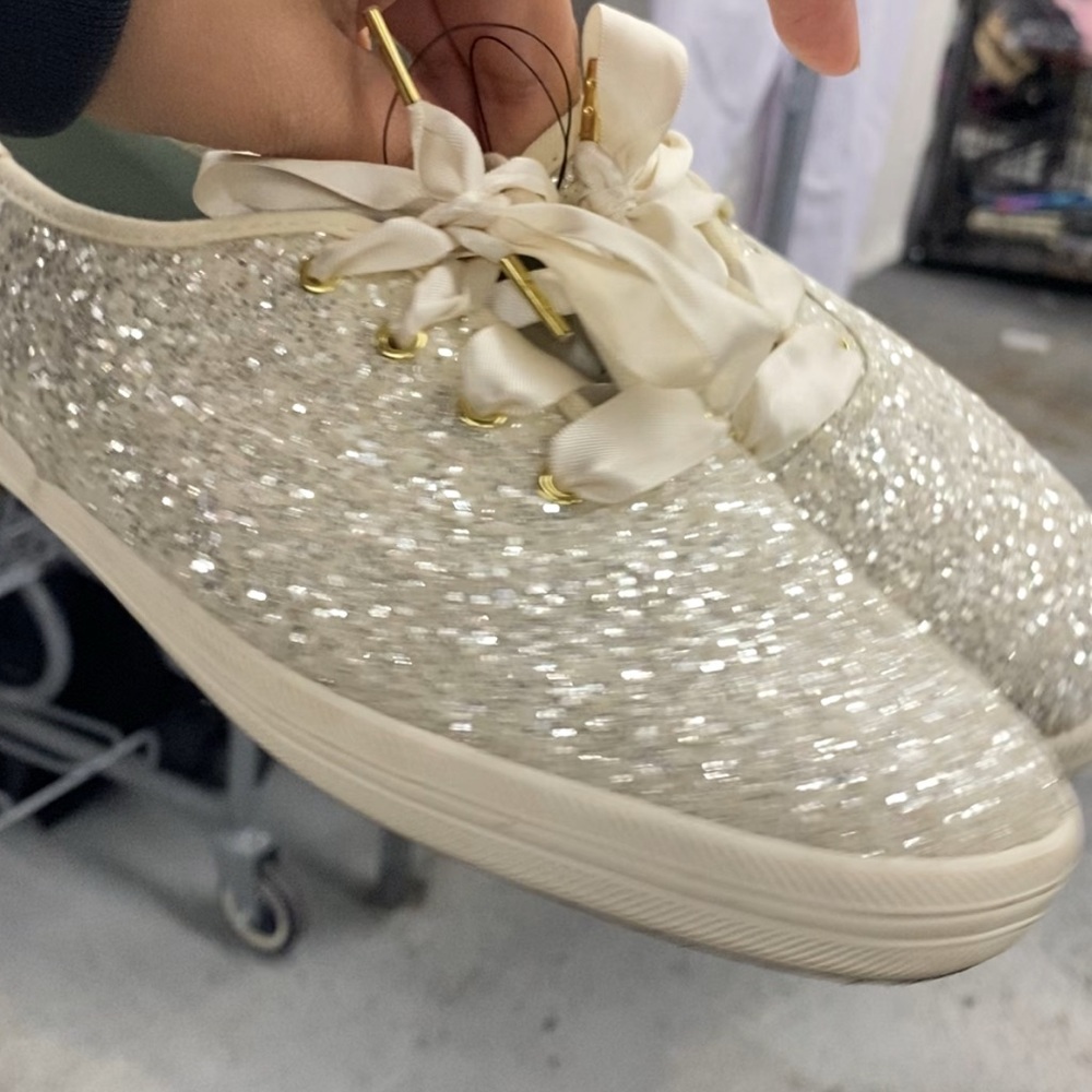 Keds x Kate Spade Women's Glitter Sneakers sz 8 ivory a ribbon Bridal Glam